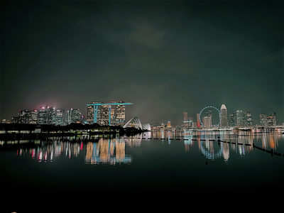 Night skyline of Singapore with reflections in the water