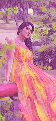 Woman in a pink and yellow dress sitting among greenery, digital art.