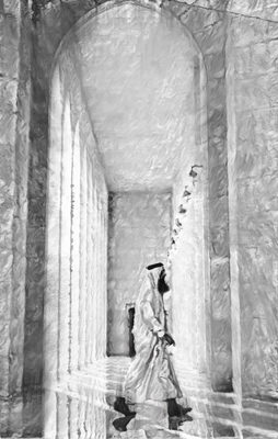 A man in traditional attire walking through a mosque in Manama, Bahrain, in black and white.