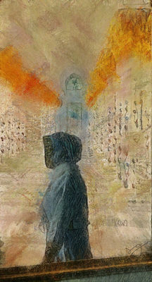 Woman in hijab at a grand mosque, surrounded by decorative elements and warm colors.